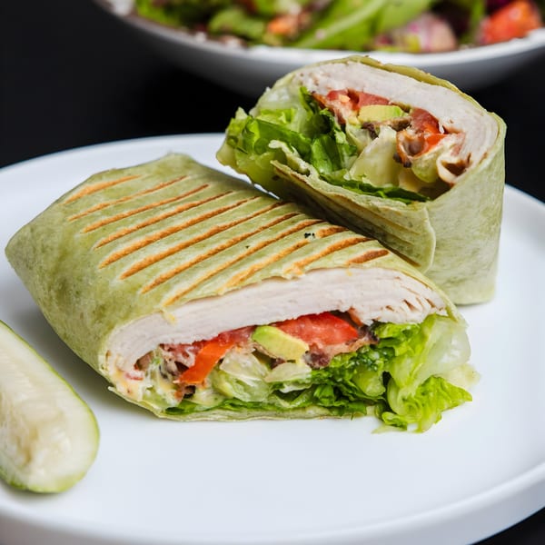 Grilled green wrap with turkey, lettuce, tomato, avocado, and bacon, served with a pickle spear.