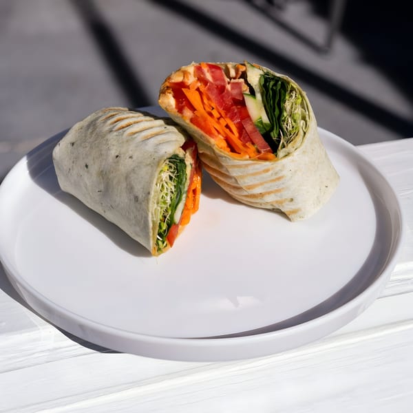 Two halves of a healthy Karma Juice Bar & Eatery wrap, filled with colorful vegetables, on a white plate.